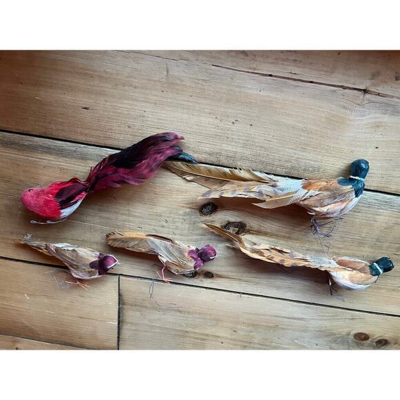 Lot of 5 Vintage Christmas Birds. Wired Feet. Feathers. Made in Japan.Red &Brown - Picture 6 of 8